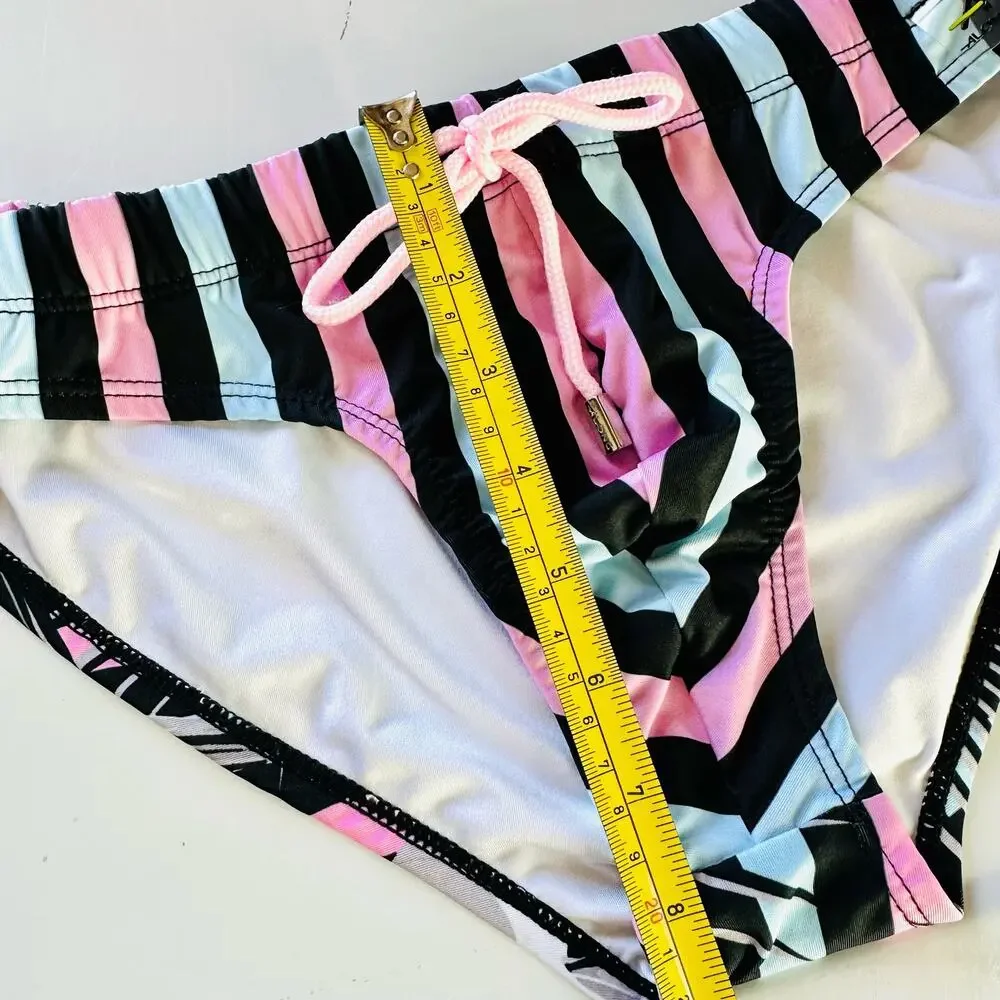 MENS ALONG Black Pink Blue Stripe Grey Floral Print Swim Bikini Brief Speedo S